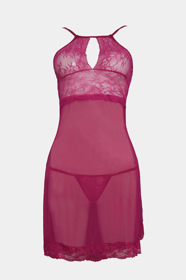 Seductive Lace & Mesh Babydoll Lingerie Set – Wine Red