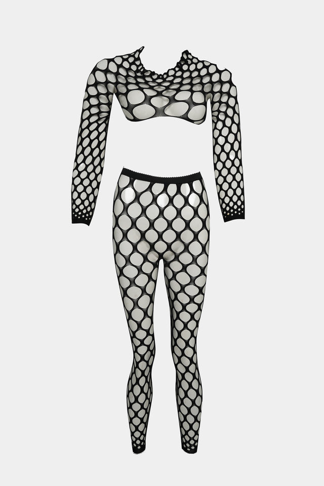 Bold Fishnet Two-Piece Bodystocking Set – Black