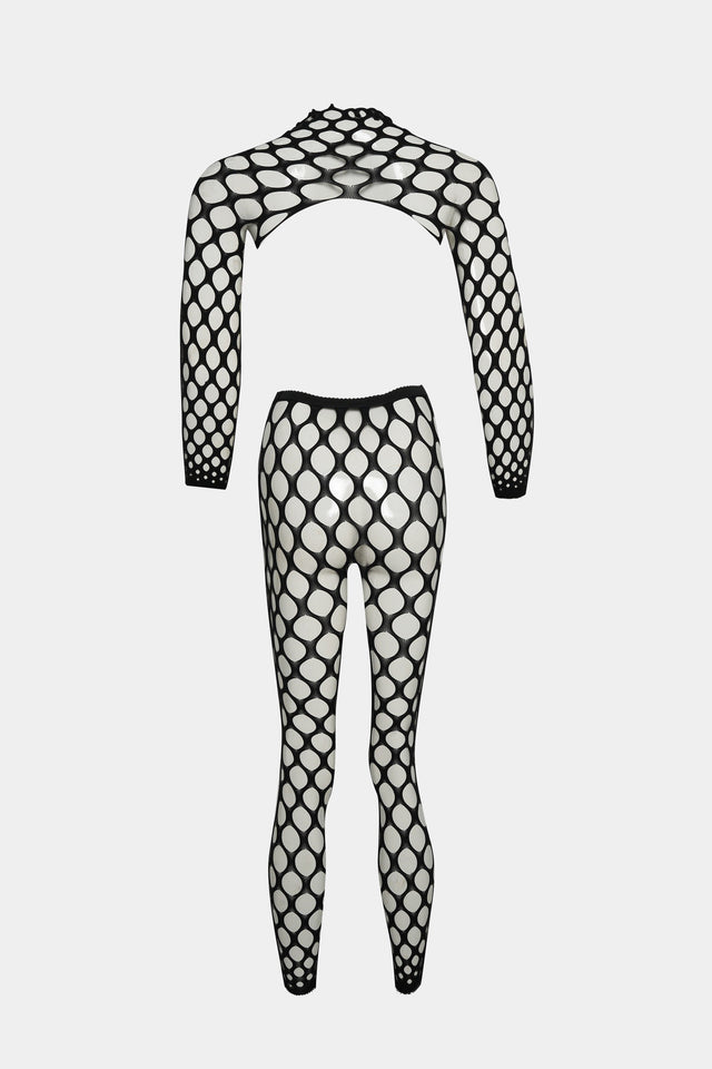 Bold Fishnet Two-Piece Bodystocking Set – Black
