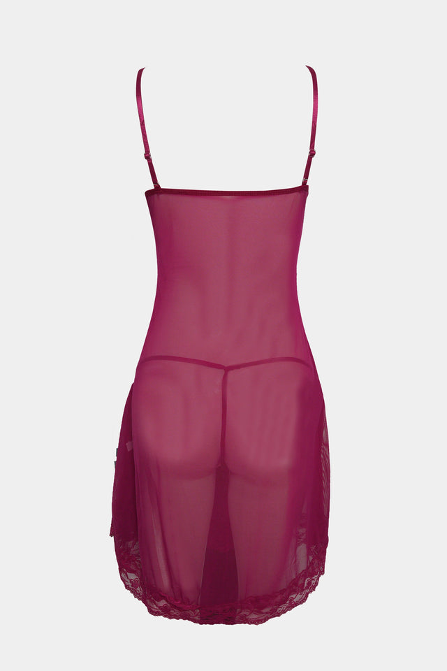 Seductive Lace & Mesh Babydoll Lingerie Set – Wine Red