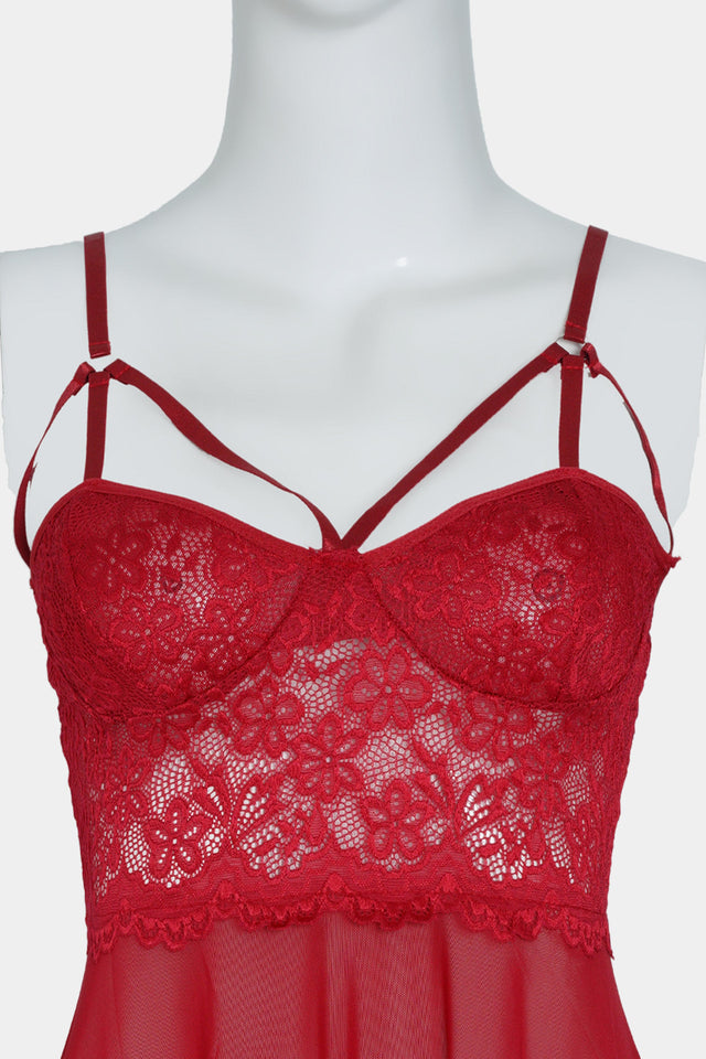 Red Lace Strappy Babydoll Lingerie Set