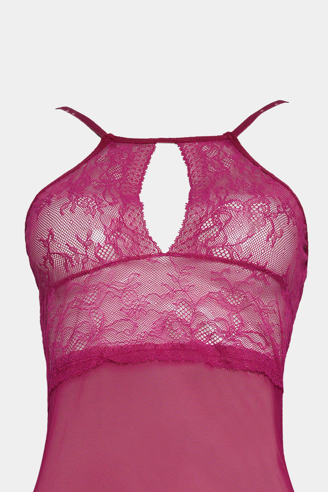 Seductive Lace & Mesh Babydoll Lingerie Set – Wine Red