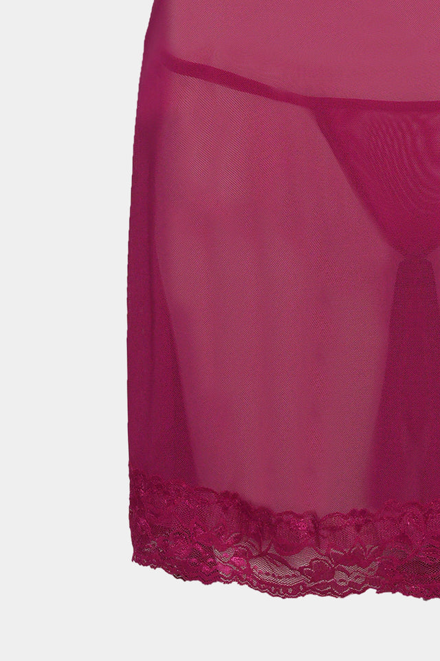Seductive Lace & Mesh Babydoll Lingerie Set – Wine Red