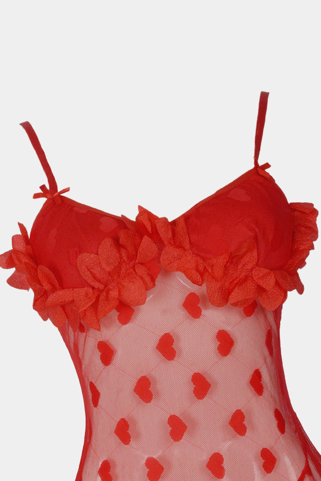 Red Heart Mesh Babydoll Lingerie Set