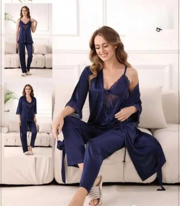 Elegant 4-Piece Satin Nightwear Set for Women - Gown, Nighty & Pyjama Set/10/11